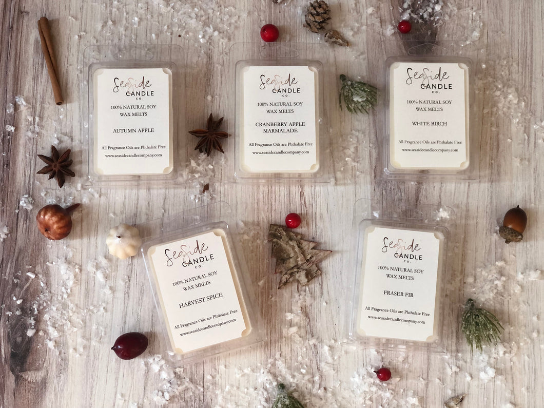 Seaside Candle Soy Holiday Wax Melts, Autumn apple , Harvest Spice , Cranberry Apple Marmalade , White Bitch , Fraser Fir  Available at seasidecandlecompany.com based out of Pembroke Pines, FL 33025 Shipping Available.